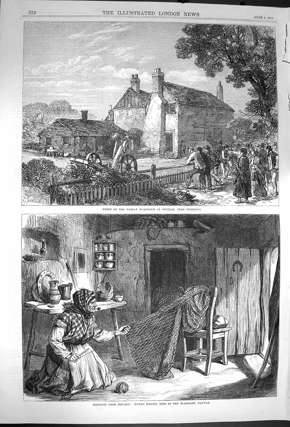 Old Antique Print 1870 House Family Murdered Denham Ireland Nets Galway 19th
