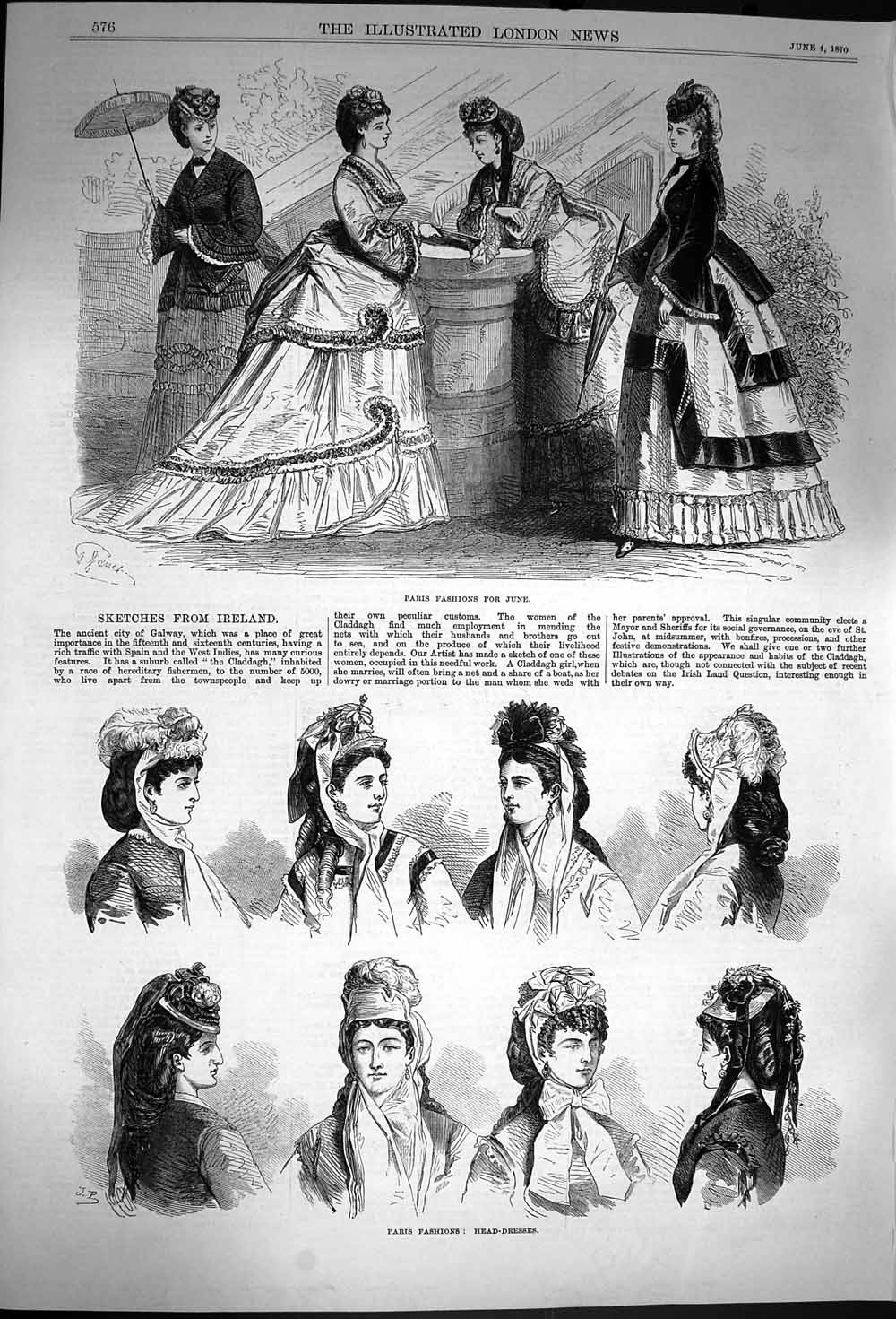 Original Old Antique Print 1870 Paris Fashion June Dresses Head-Dresses Hats