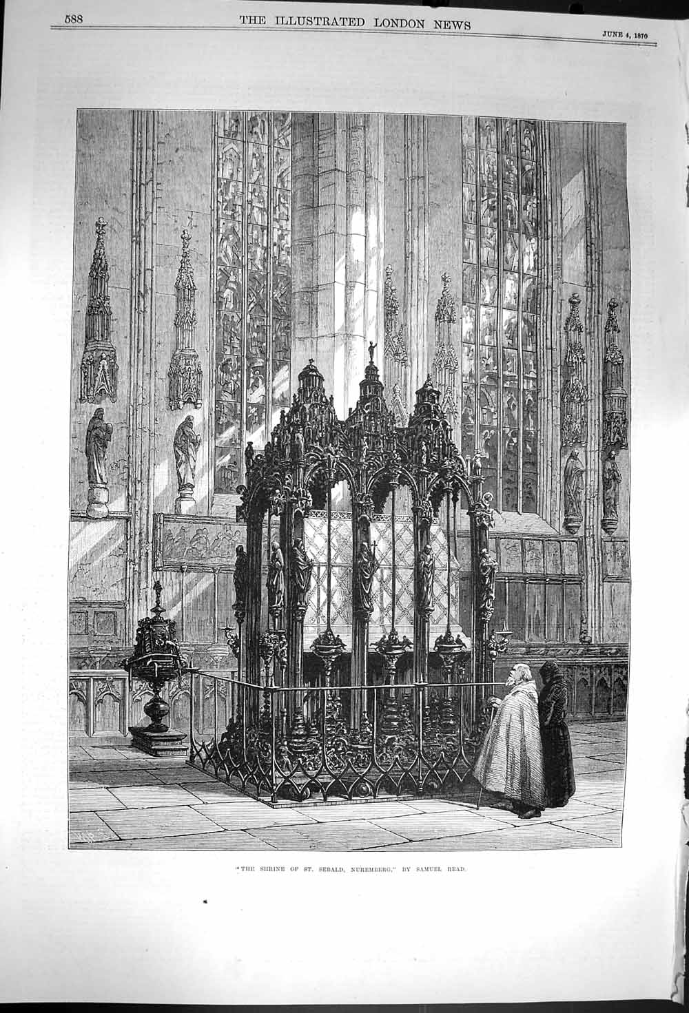 Original Old Antique Print 1870 Shrine St. Sebald Nuremberg Church Samuel Read
