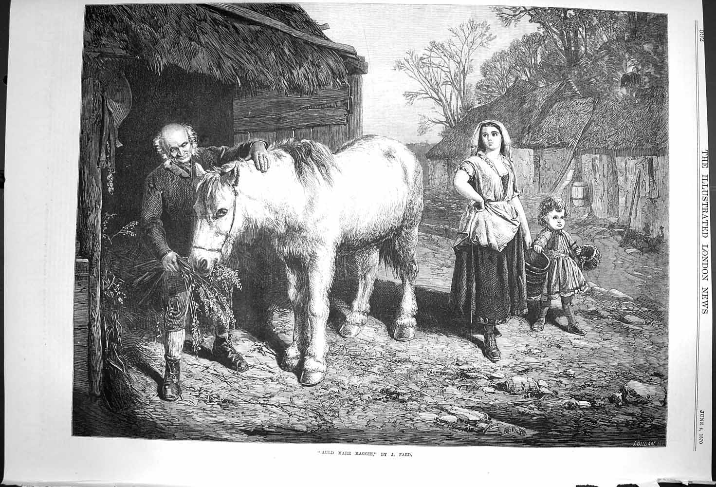 Original Old Antique Print 1870 Fine Art Auld Mare Maggie Farmyard Horse Man