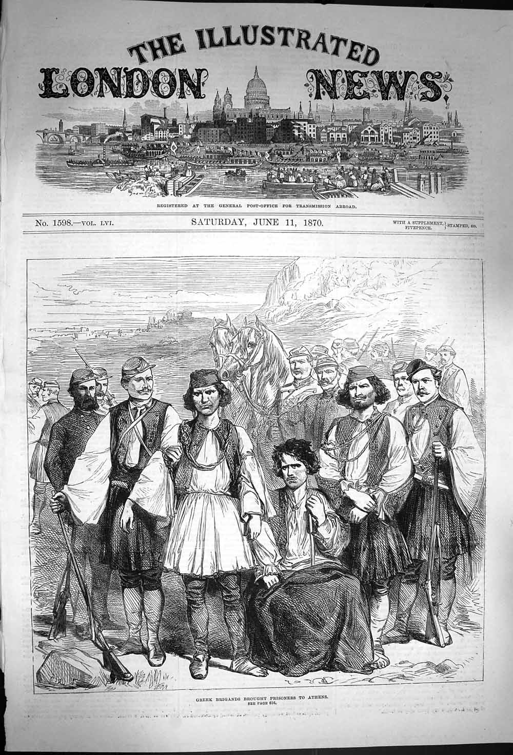 Original Old Antique Print 1870 Greek Brigands Bringing Prisoners Athens 19th