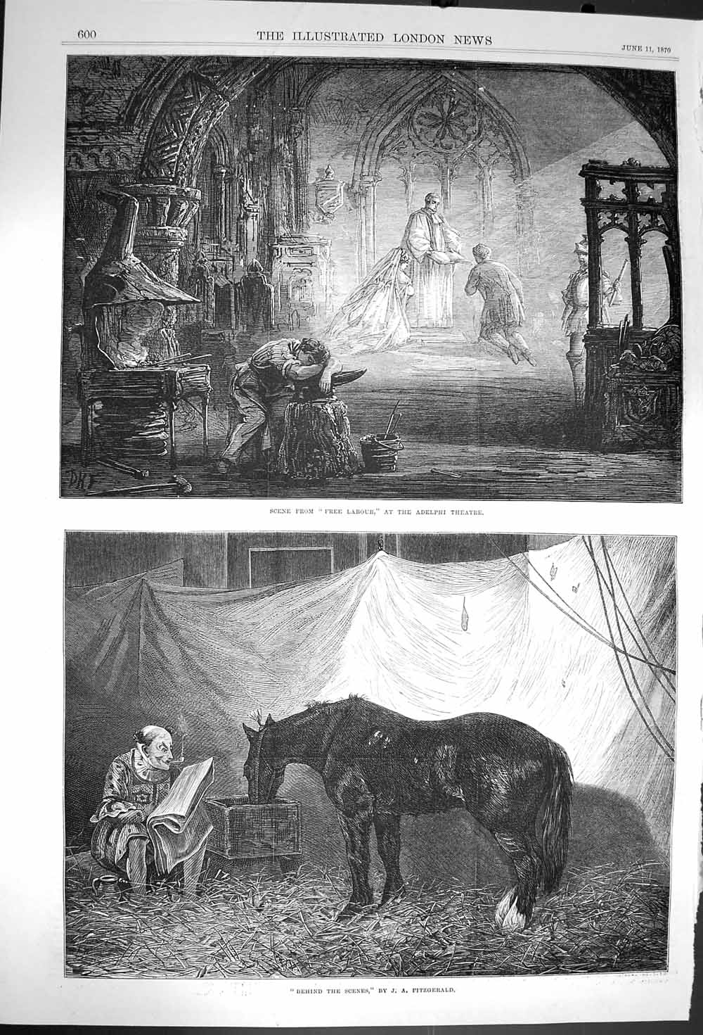 Original Old Antique Print 1870 Free Labour Adelphi Theatre Clown Horse F 19th