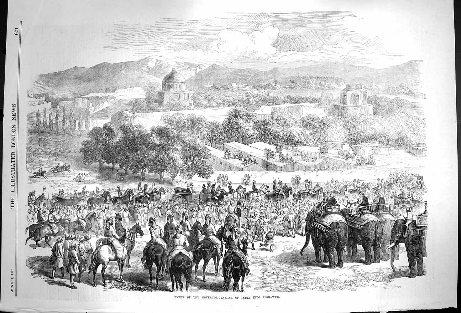 Original Old Antique Print 1870 Entry Governor-General India Peshawur Elephants