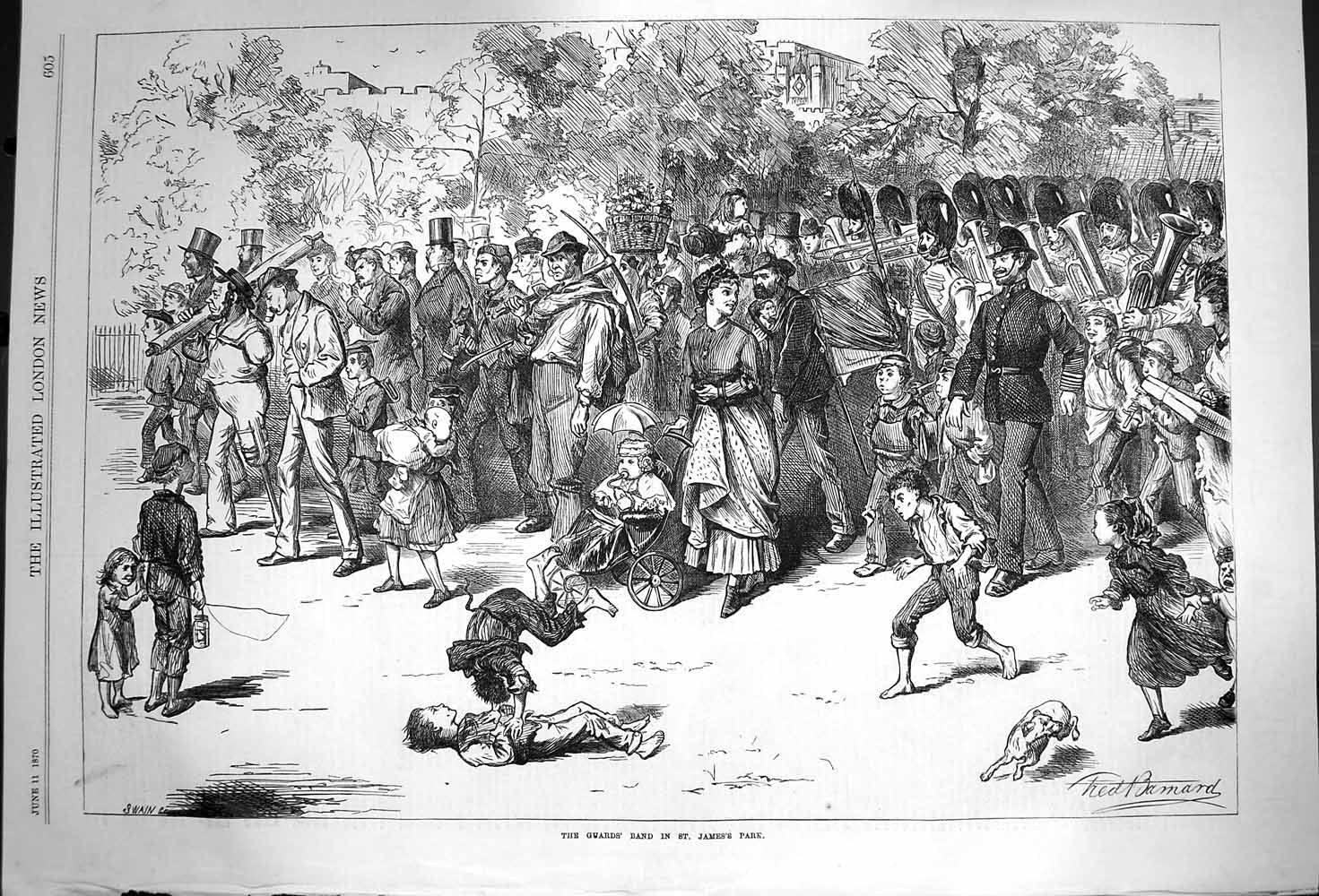 Original Old Antique Print 1870 Guards Music Band St. James'S Park Victorian