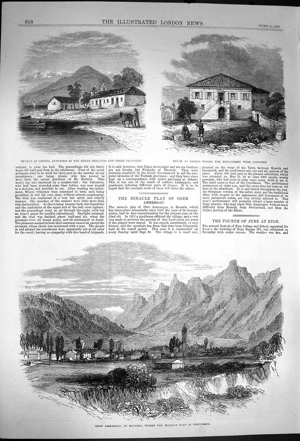 Original Old Antique Print 1870 Ober Ammergau Bavaria House Oropos Church 19th
