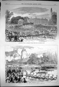 Original Old Antique Print 1870 Boats Race Cambridge Oxford Eton Broca Victorian
