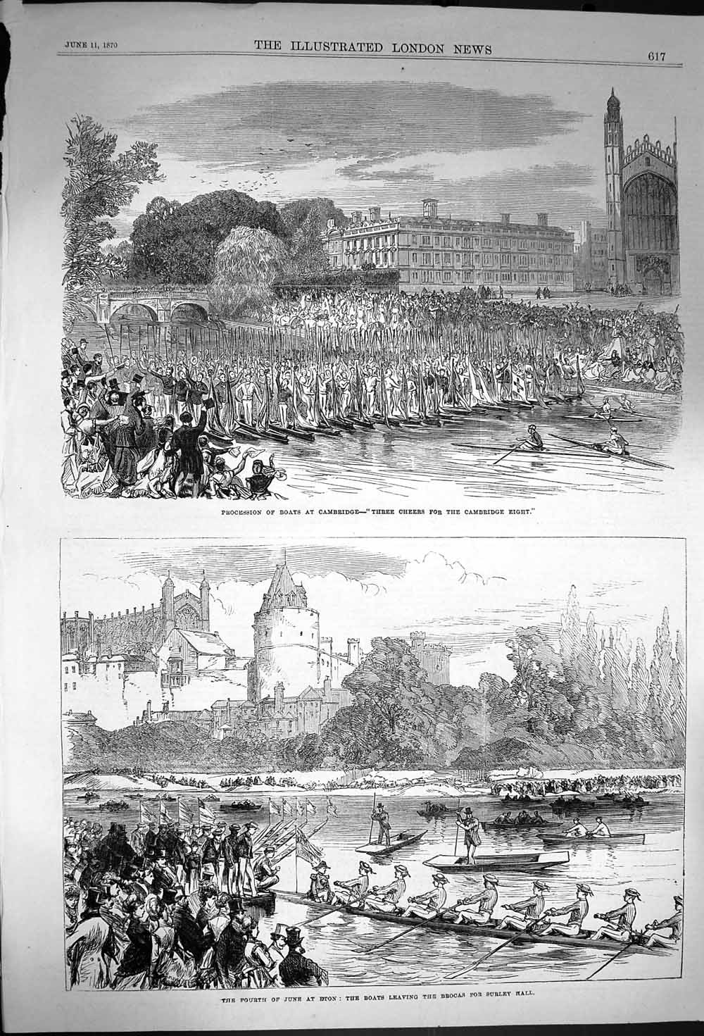 Original Old Antique Print 1870 Boats Race Cambridge Oxford Eton Broca Victorian