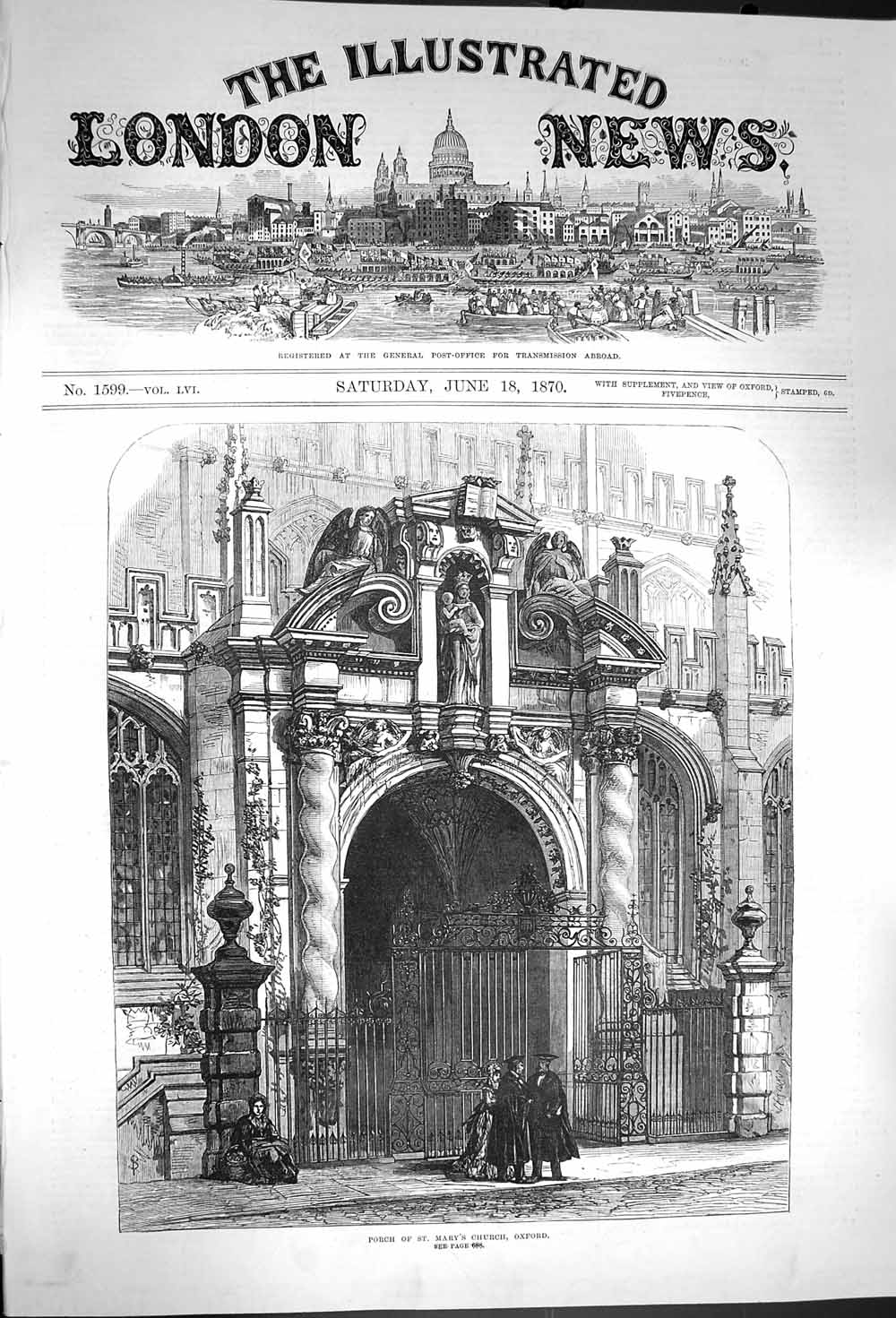Original Old Antique Print 1870 Porch Mary'S Church Oxford England Architecture