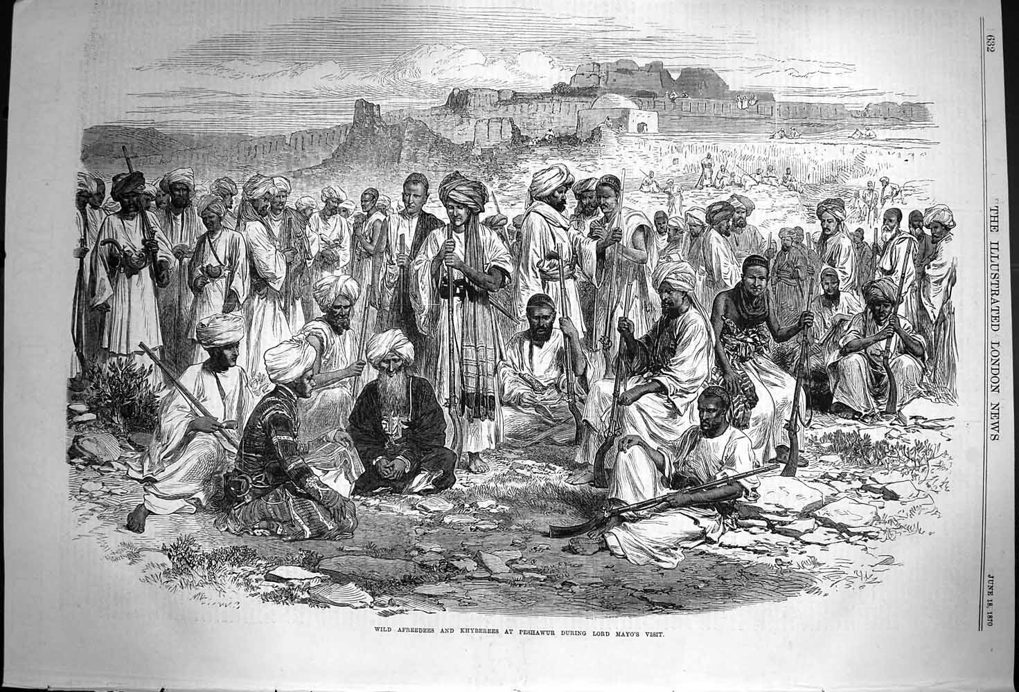 Old Antique Print 1870 Wild Afreedees Khyberees Peshawur Lord Mayo Visit 19th