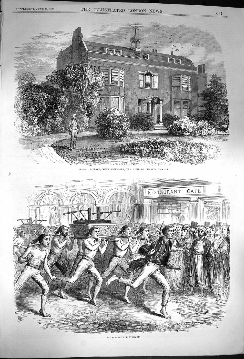 Original Old Antique Print 1870 Constantinople Firemen Gadshill Charles 19th