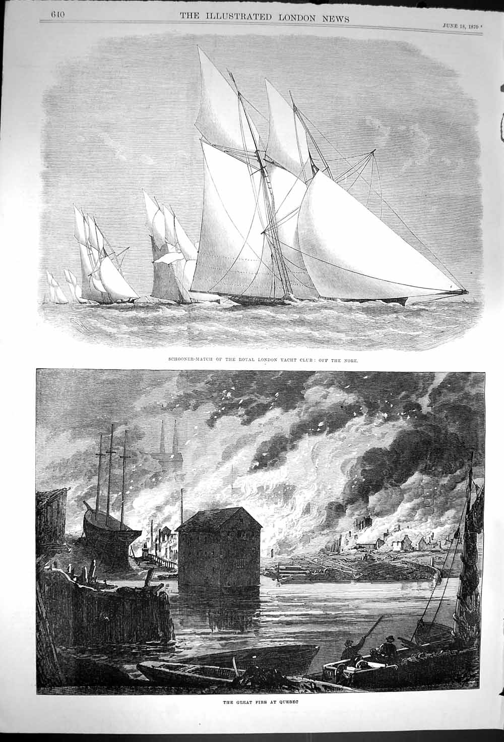 Old Antique Print 1870 Schooner Match Yacht Club Nore Fire Quebec Canada 19th