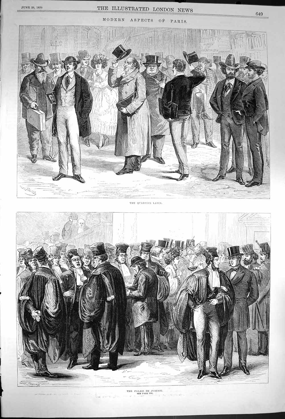 Old Antique Print 1870 Scene Paris France Palais De Justice Quartier Men 19th