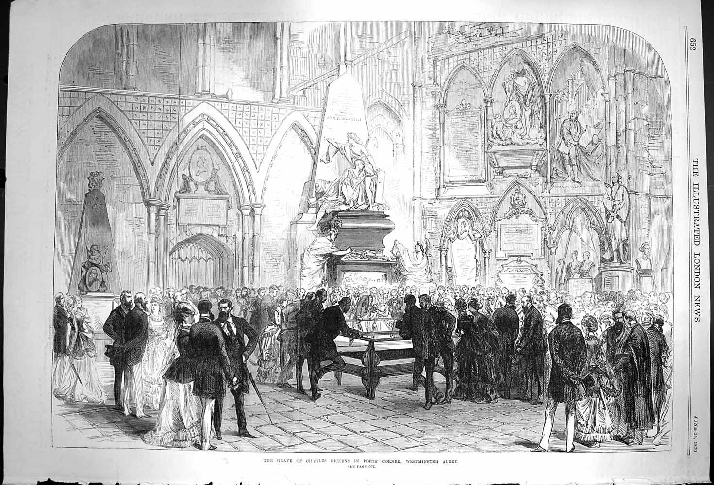 Antique Old Print *3643 1870 Grave Charles Dickens Poets Corner Westminster