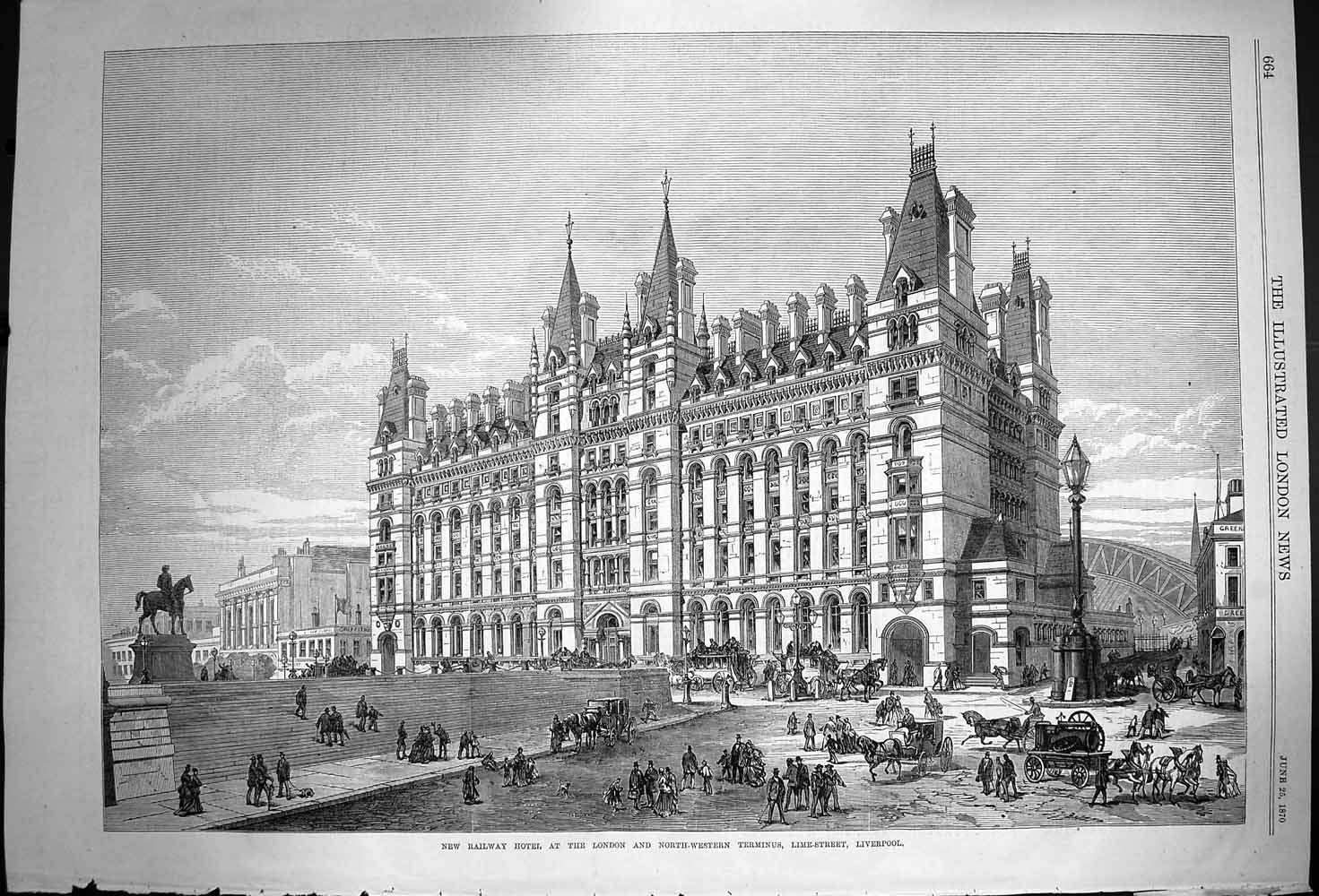 Original Old Antique Print 1870 Railway Hotel London Terminus Lime Liverpool