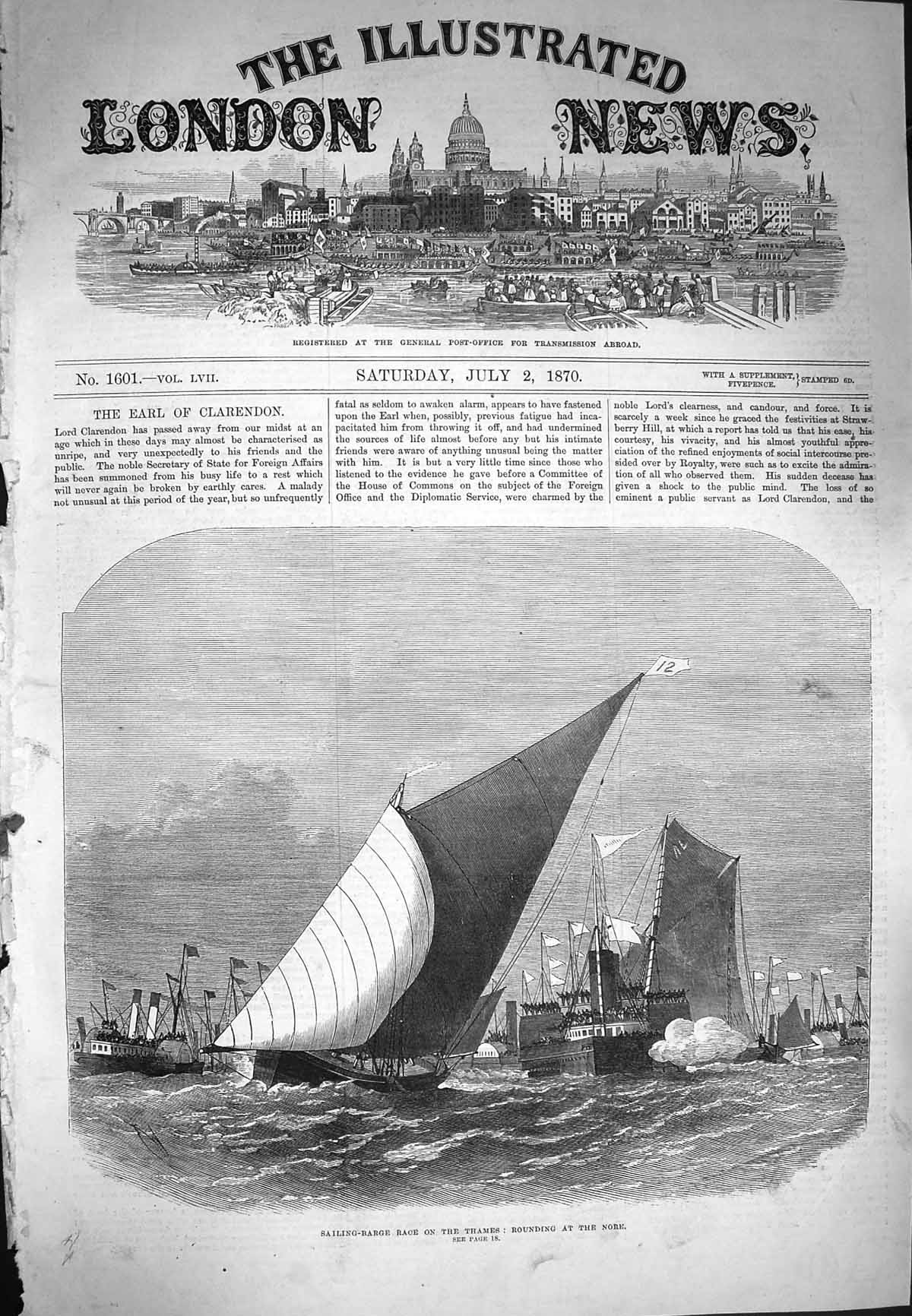 Original Old Antique Print 1870 Sailing Barge Race River Thame Nore Victorian