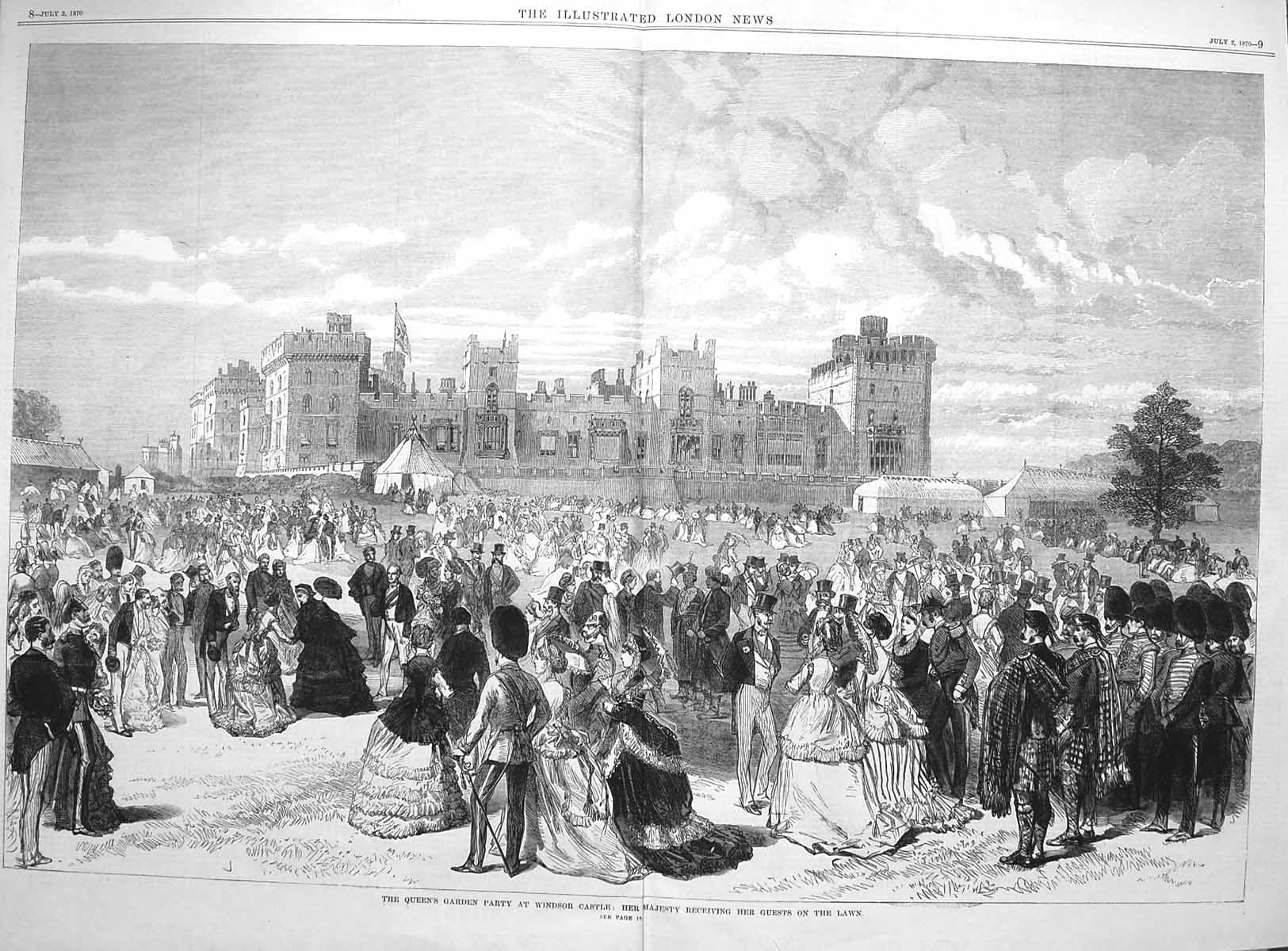 Original Old Antique Print 1870 Queen Garden Party Lawn Windsor Castle Victorian