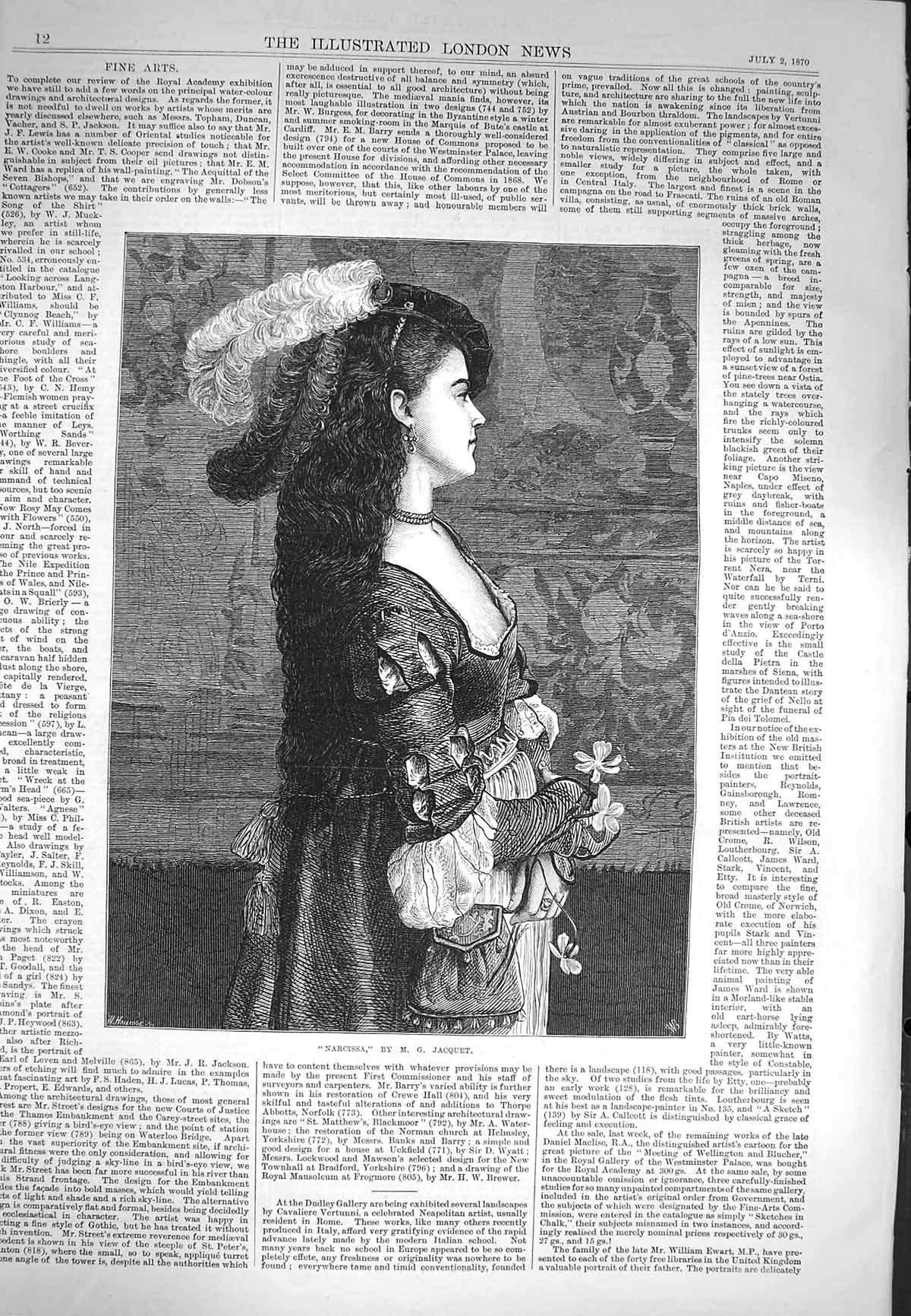 Original Old Antique Print 1870 Portrait Narcissa Beautiful Girl Jacquet 19th