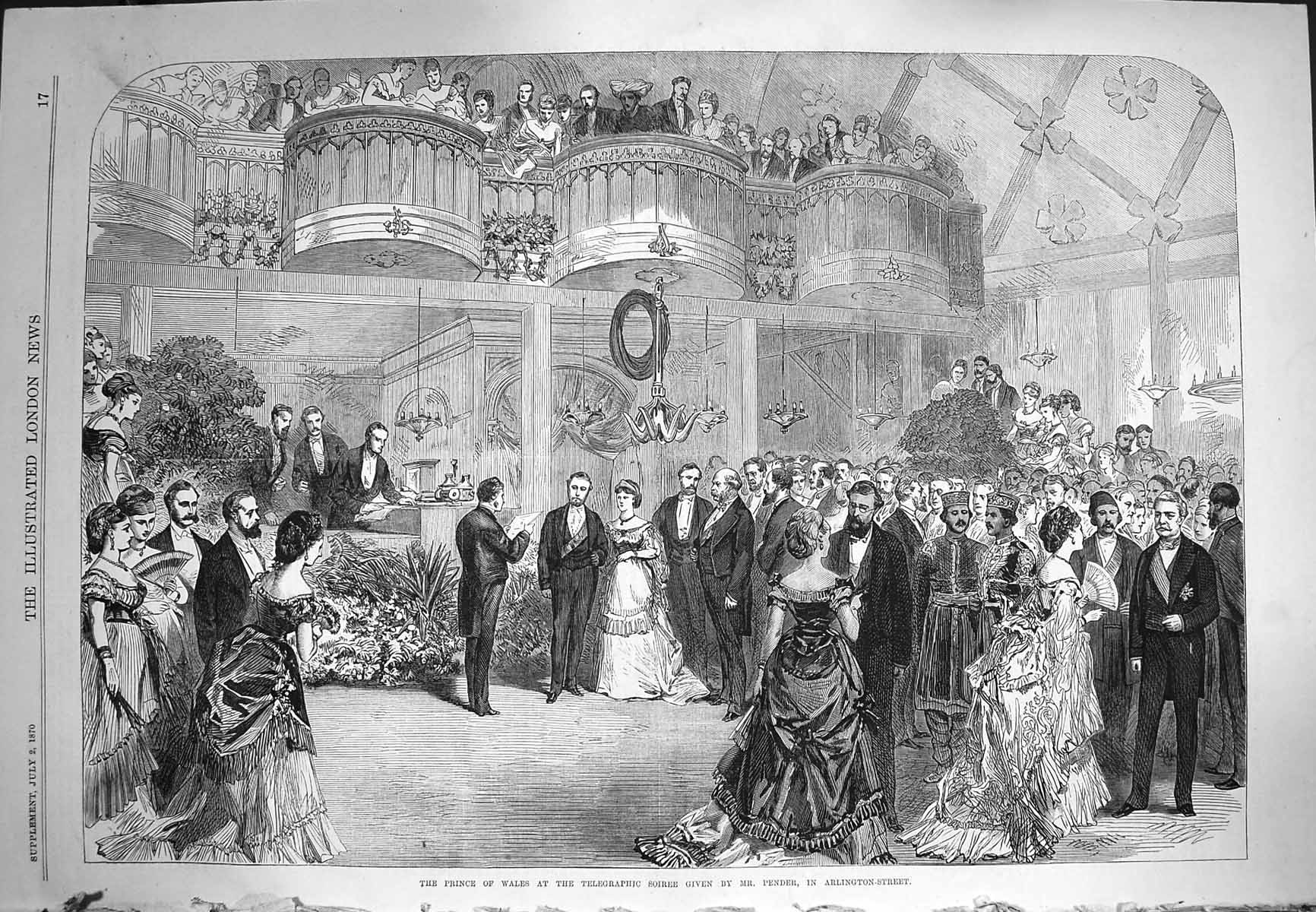 Antique Old Print *3959 1870 Prince Wales Telegraphic Soiree Pender Arlington