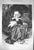 Old Antique Print 1870 Young Girl Going To Market Chicken Birds Perrault 19th