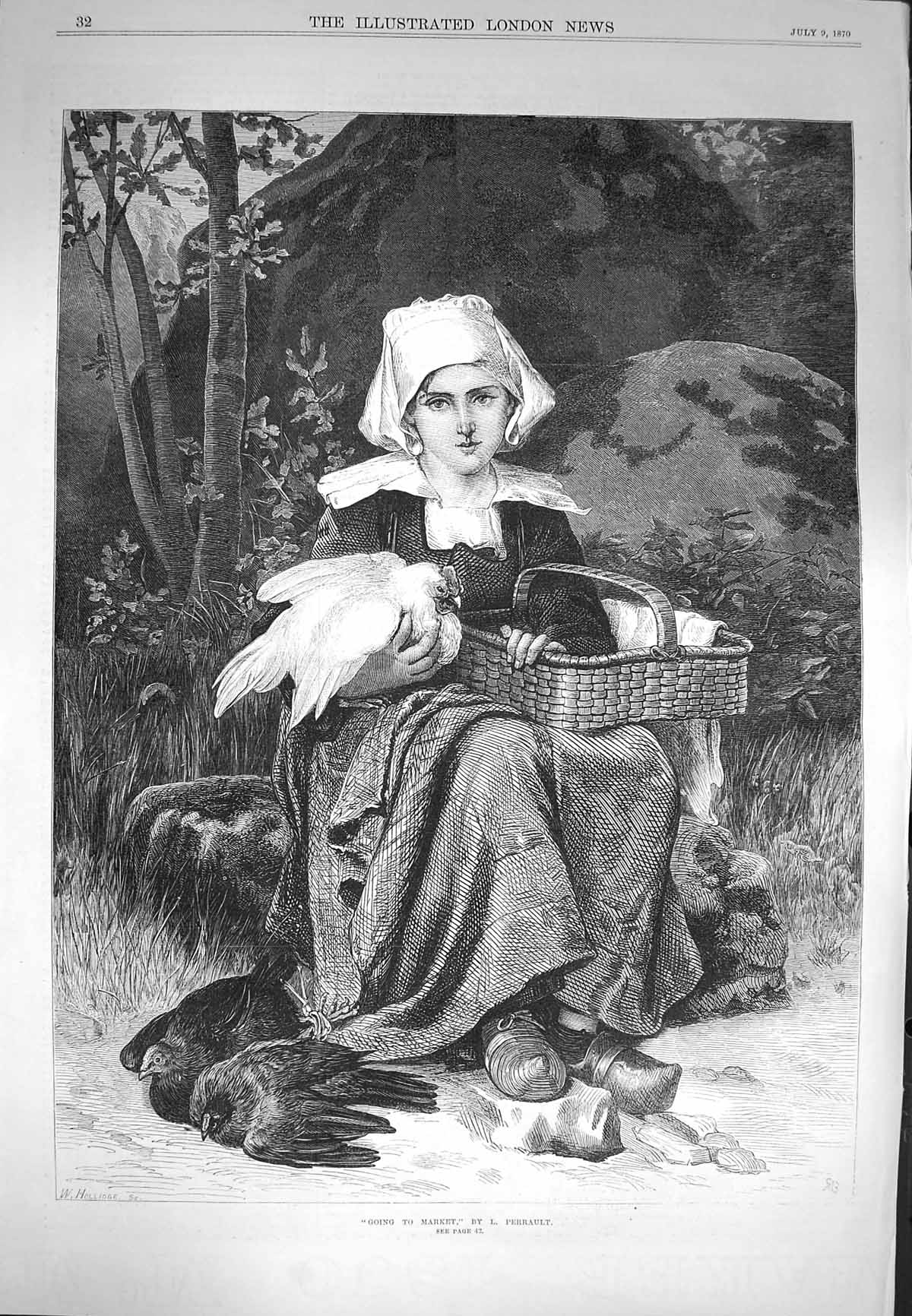Old Antique Print 1870 Young Girl Going To Market Chicken Birds Perrault 19th