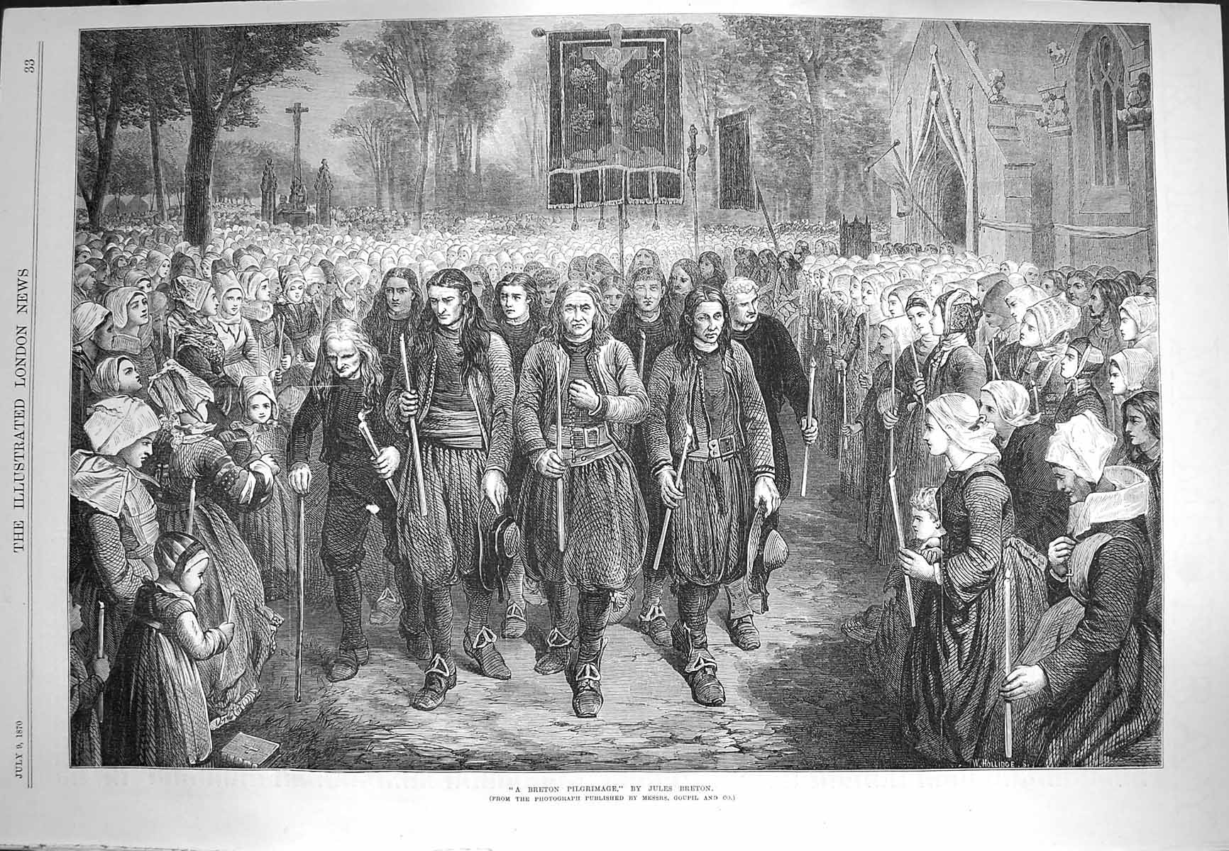 Original Old Antique Print 1870 Breton Pilgrimage Procession Jules Breton 19th