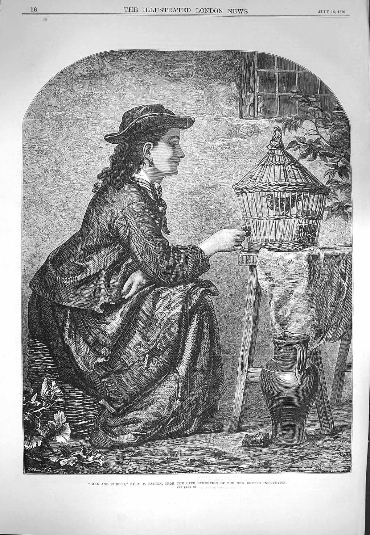 Original Old Antique Print 1870 Beautiful Girl Thrush Bird Cage Fine Art Patten