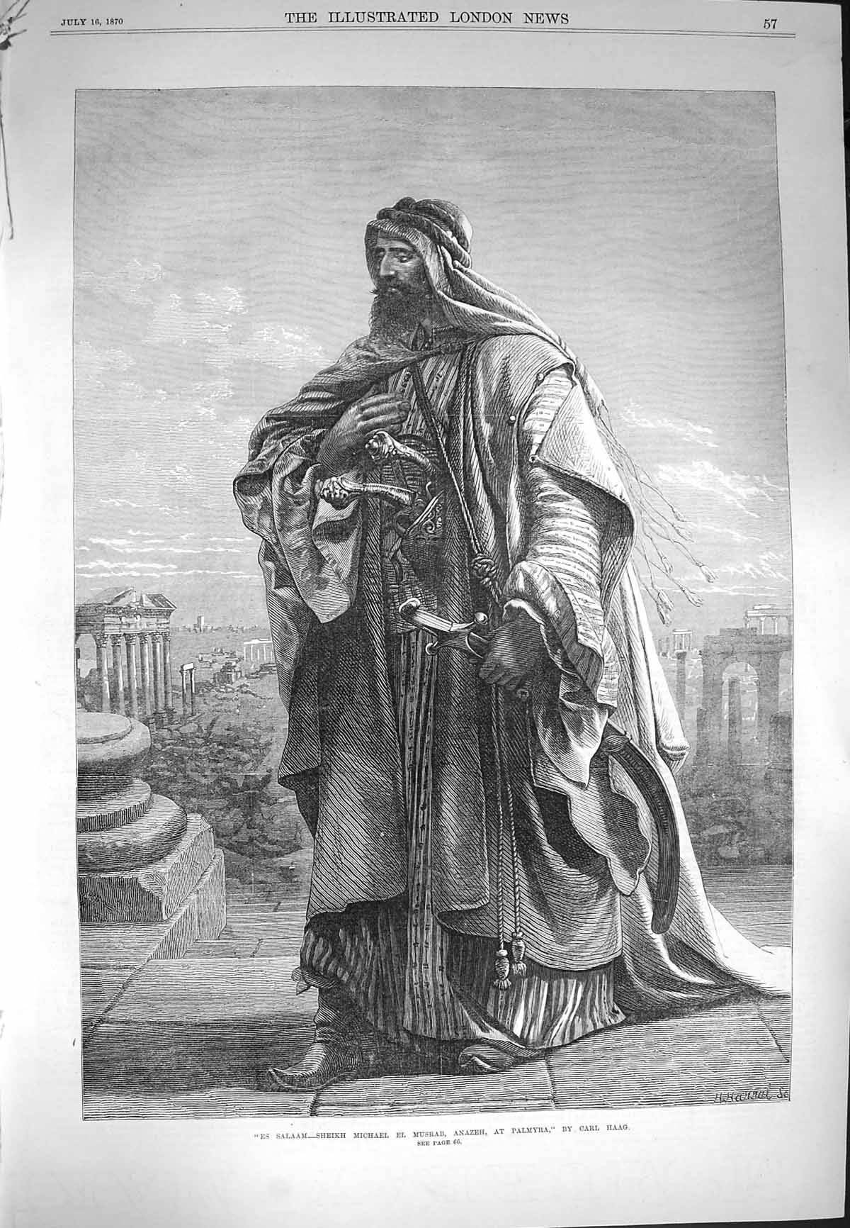 Old Antique Print 1870 Es Salaam Sheikh Michael El Musrab Anazeh Palmyra 19th