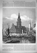 Original Old Antique Print 1870 Townhall Butter Market Alkmaar Holland Boats