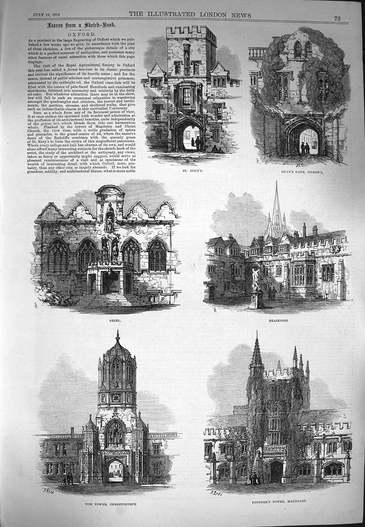 Old Antique Print 1870 Oxford John'S Brasenose Oriel Tower Christchurch 19th