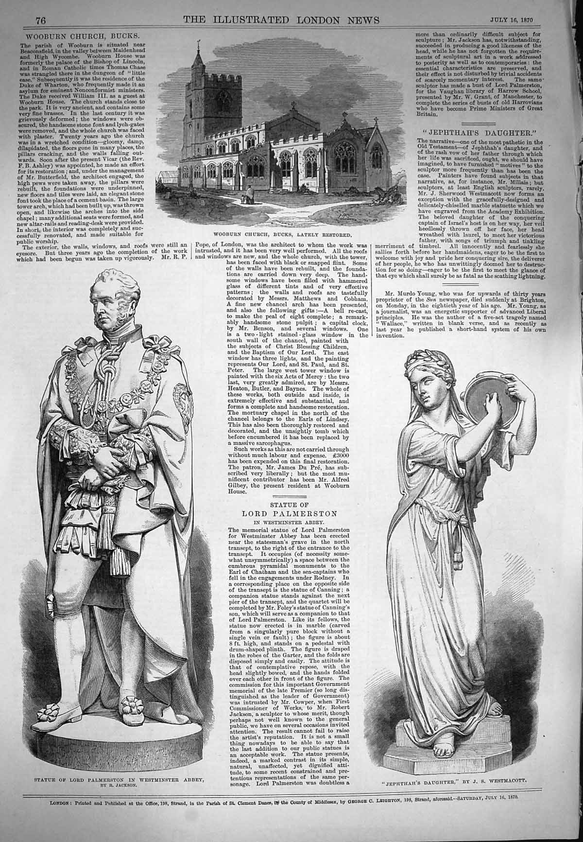 Old Antique Print 1870 Wooburn Church Statue Palmerston Jephthah Daughter 19th
