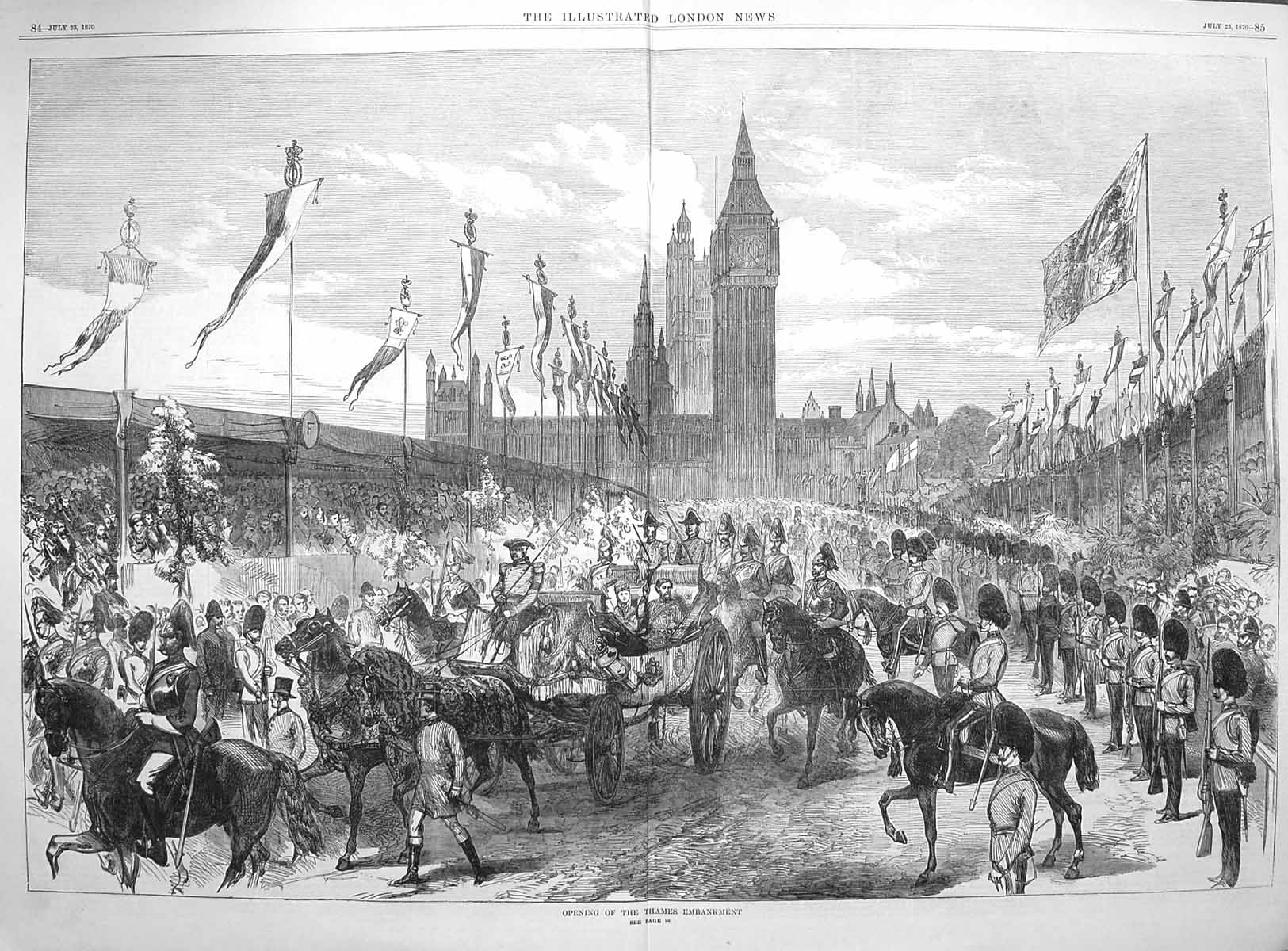 Original Old Antique Print 1870 Scene Opening Thames Embankment London Queen 0