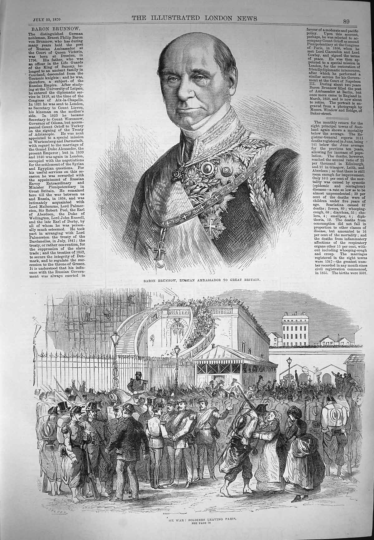 Original Old Antique Print 1870 Baron Brunnow Russian Ambassador Siers Paris