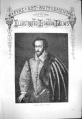 Original Old Antique Print 1870 Portrait Sir Walter Raleigh Zucchero Victorian