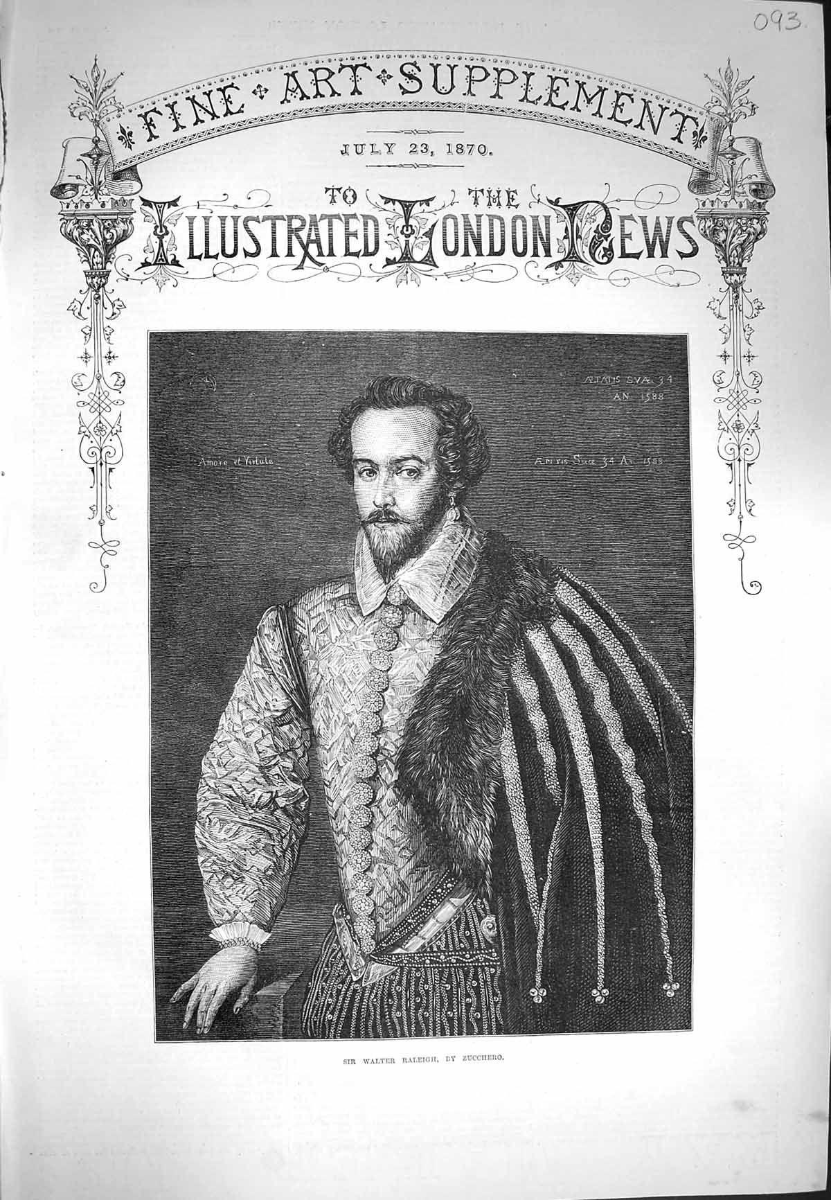 Original Old Antique Print 1870 Portrait Sir Walter Raleigh Zucchero Victorian