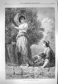 Original Old Antique Print 1870 Scene Gathering Mulberry Leaves Tree Topham