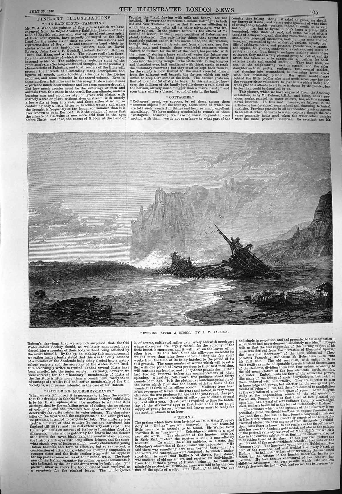 Original Old Antique Print 1870 Evening Scene After Storm Ship Wreck Cliffs
