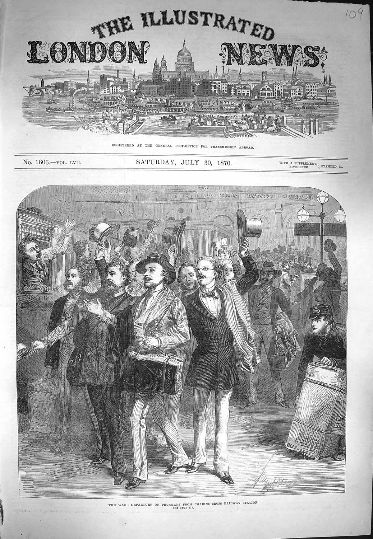 Original Old Antique Print 1870 War Departure Prussians Charing-Cross Railway
