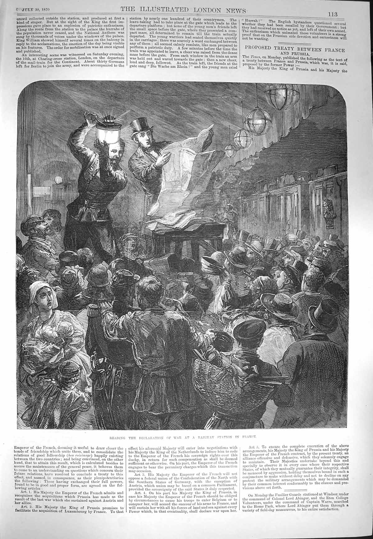 Original Old Antique Print 1870 Reading Declaration War Railway Station France