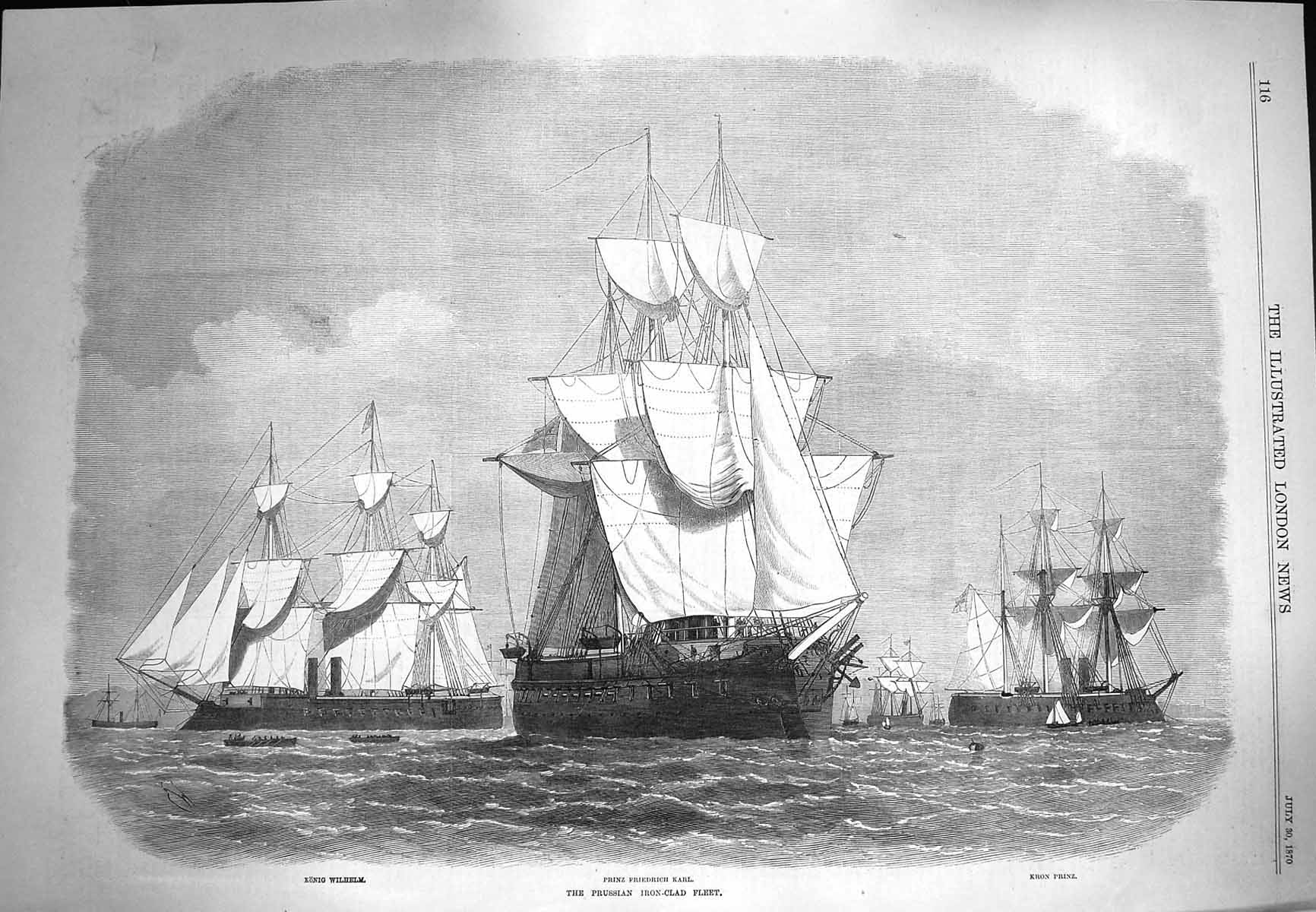 Old Antique Print 1870 Prussian Iron-Clad Fleet Ships Prinz Karl Wilhelm 19th