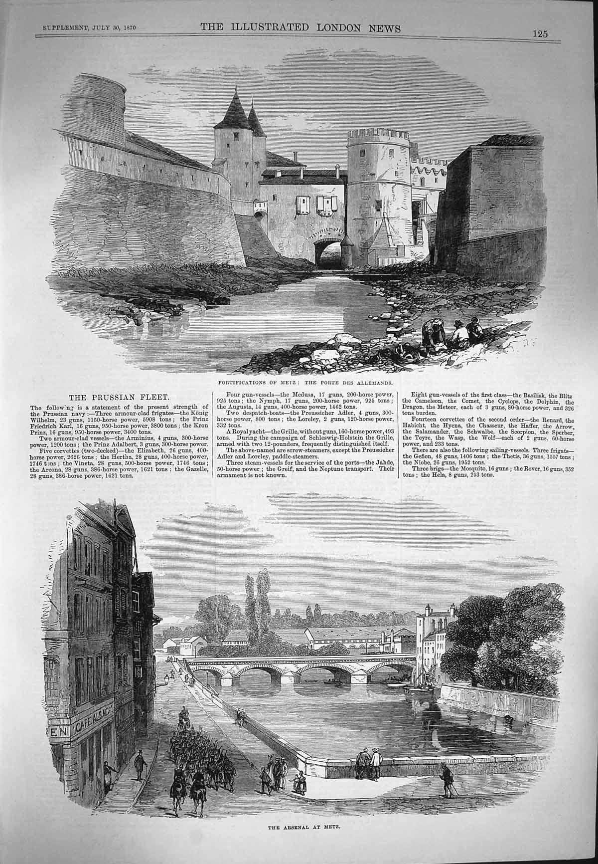 Original Old Antique Print 1870 Fortifications Porte Des Allemands Arsenal Metz