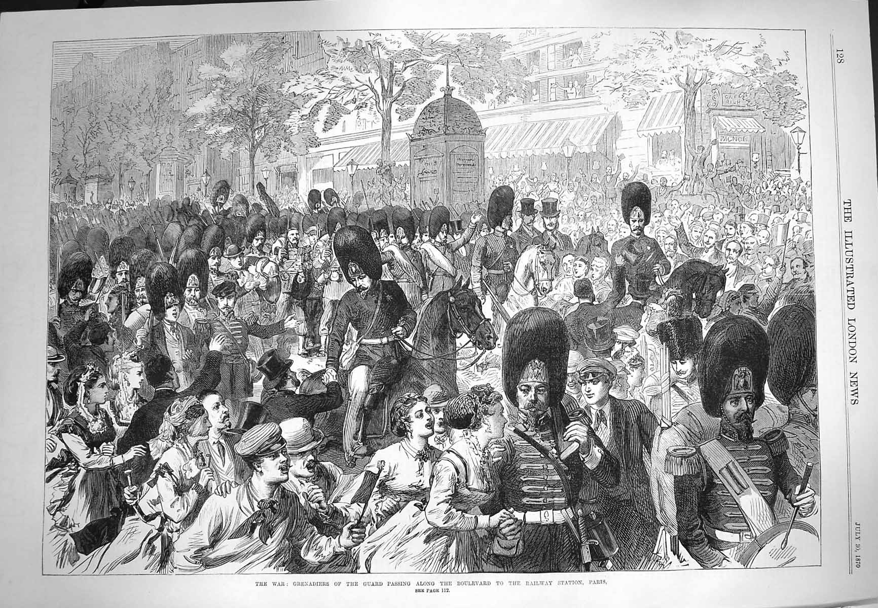 Original Old Antique Print 1870 War Grenadiers Guard Passing Boulevard Paris