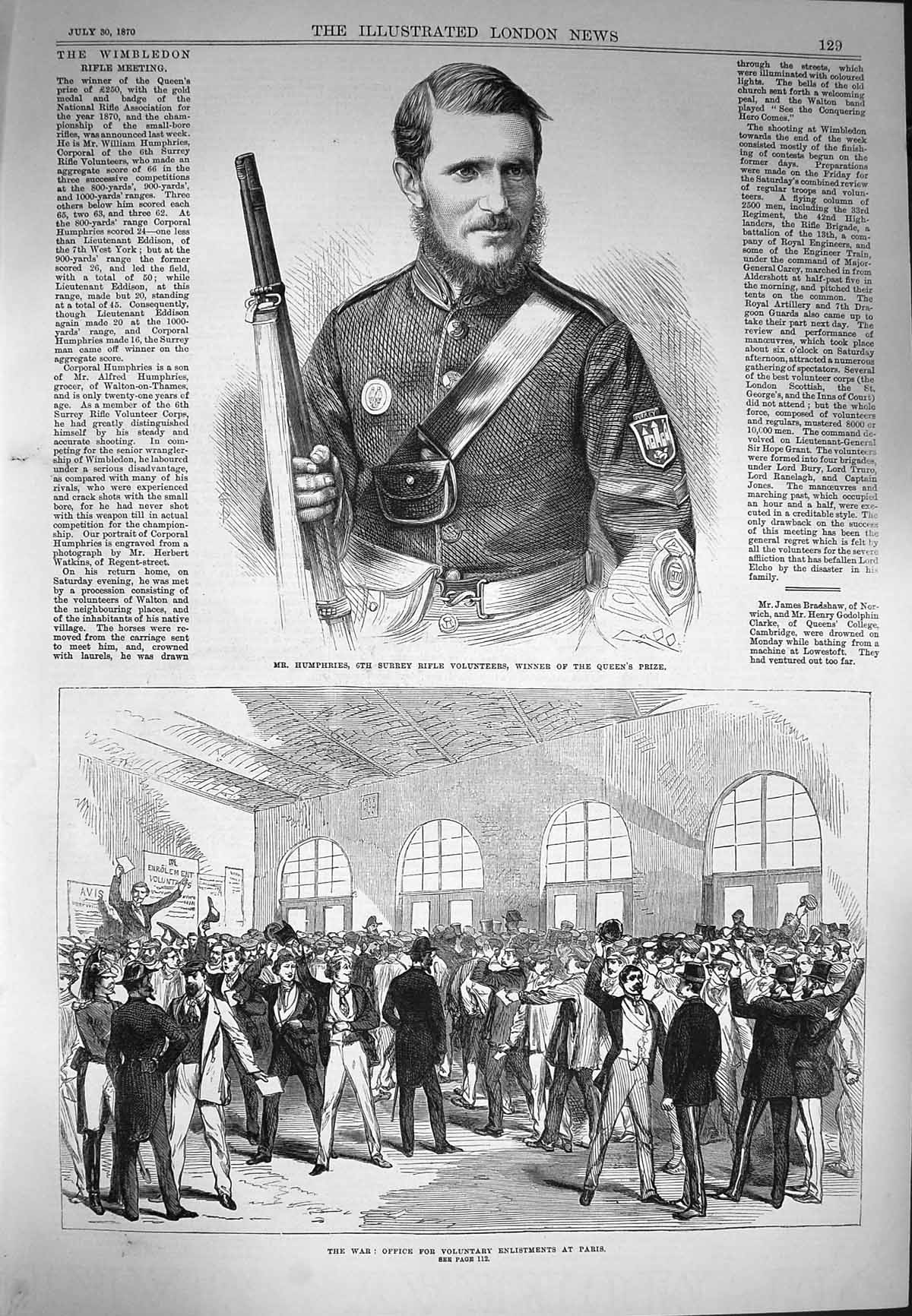 Original Old Antique Print 1870 Humphries Surrey Volunteers Office Enlistments