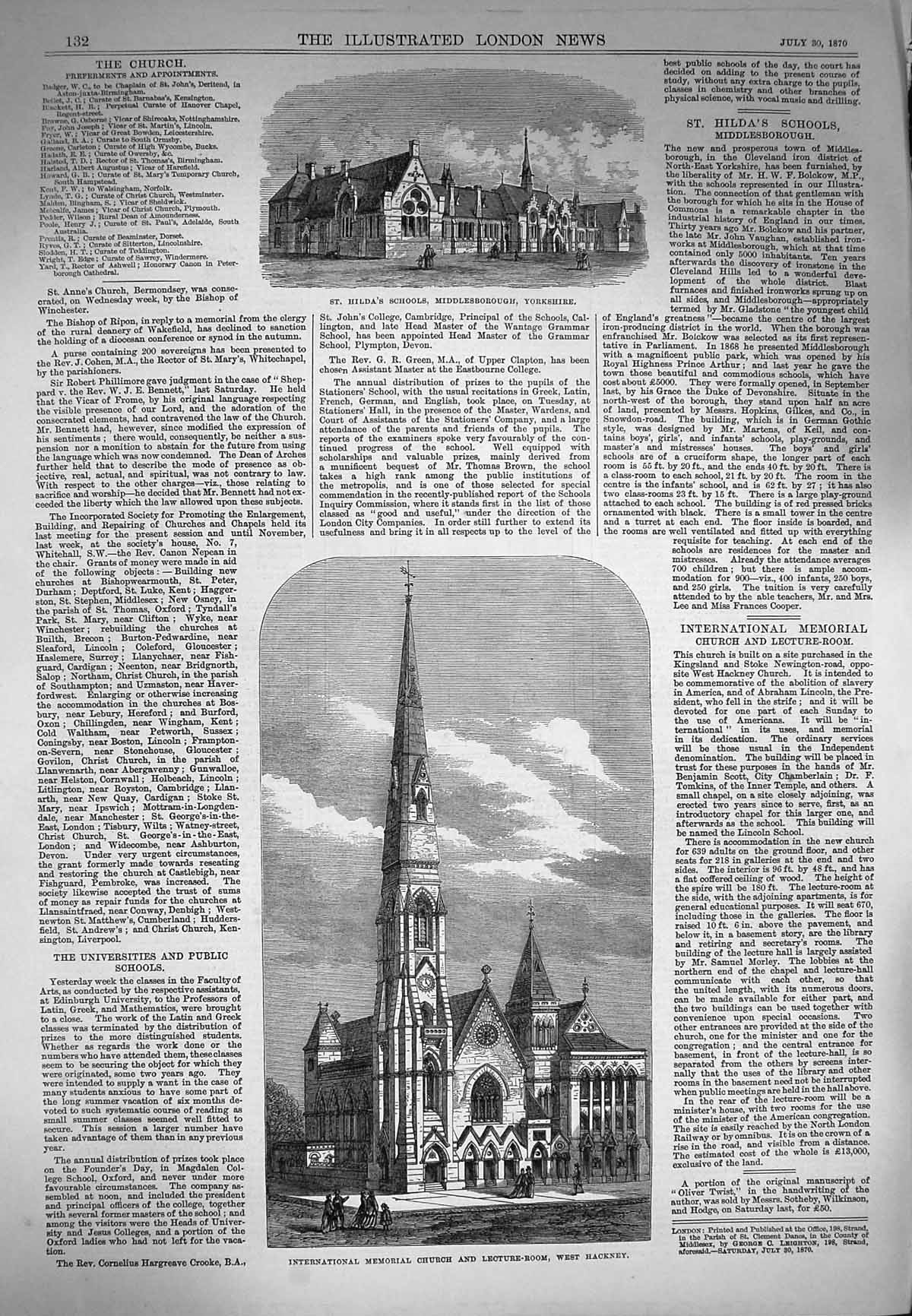 Old Antique Print 1870 Memorial Church Lecture-Room Hackney Hilda School 19th