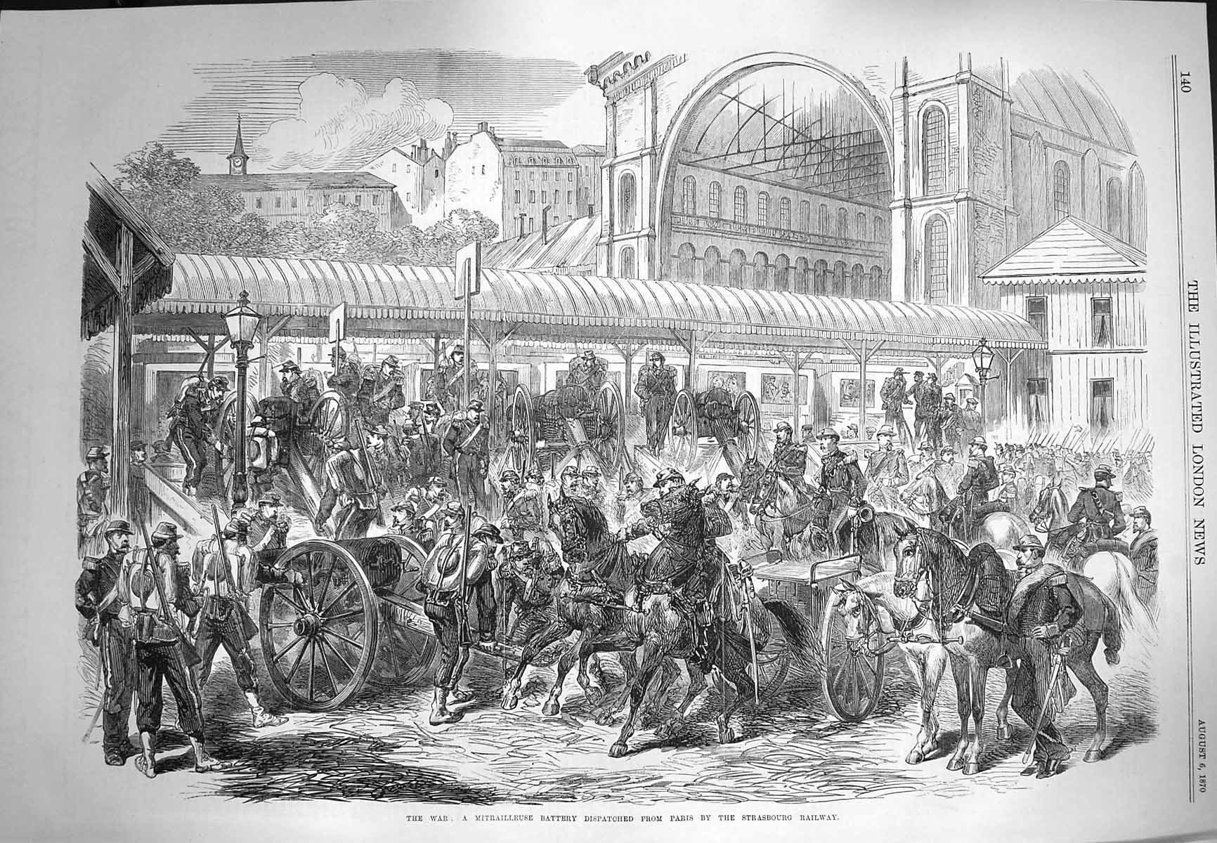 Old Antique Print 1870 War Mitrailleuse Battery Strasbourg Railway Train 19th