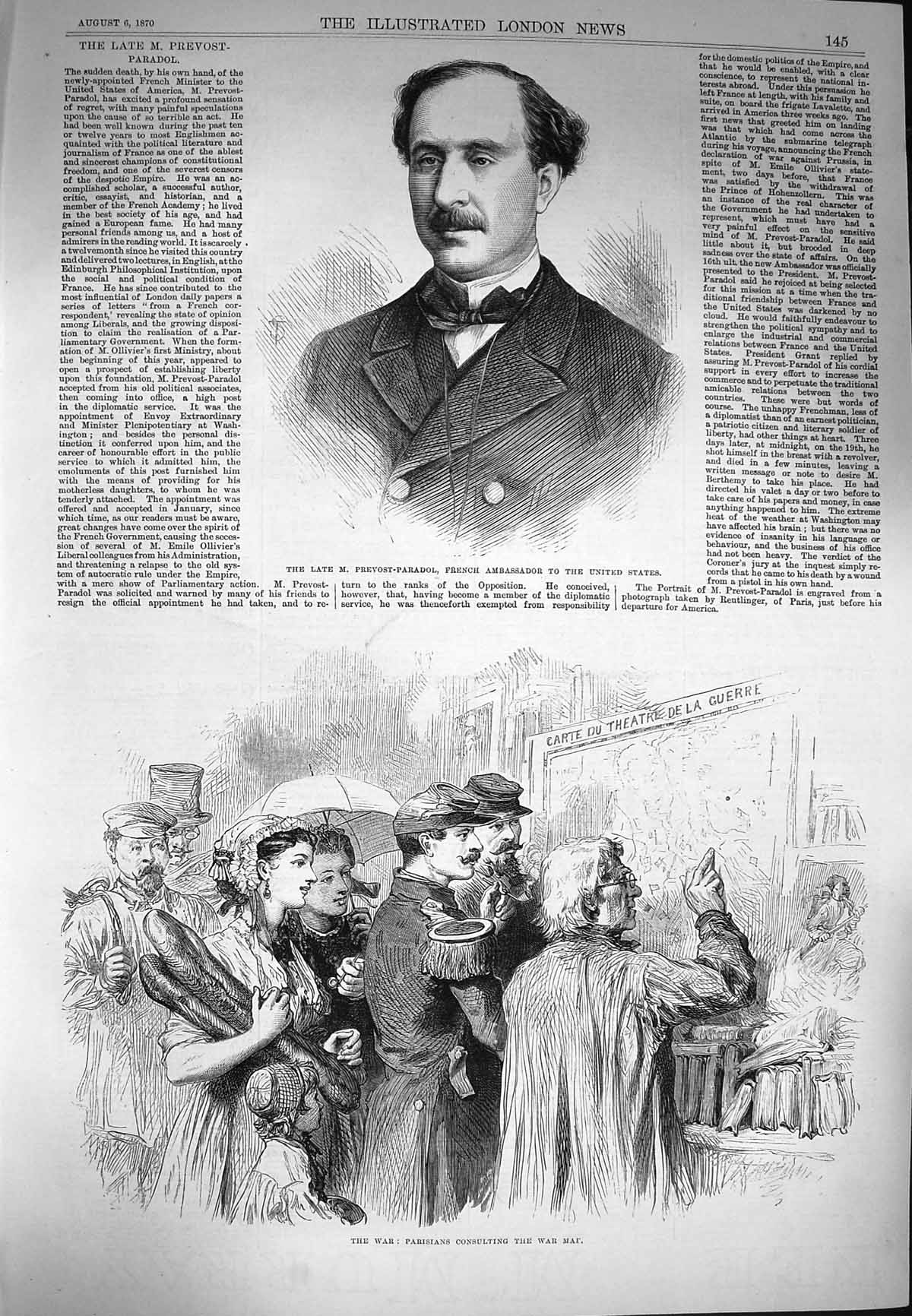 Original Old Antique Print 1870 Prevost-Paradol French Ambassador Paris War Map
