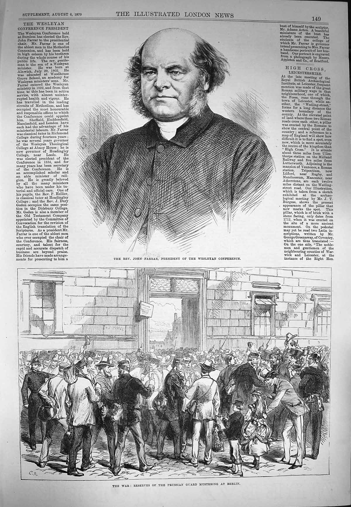 Original Old Antique Print 1870 Rev. John Farrar Wesleyan Prussian Reserves War
