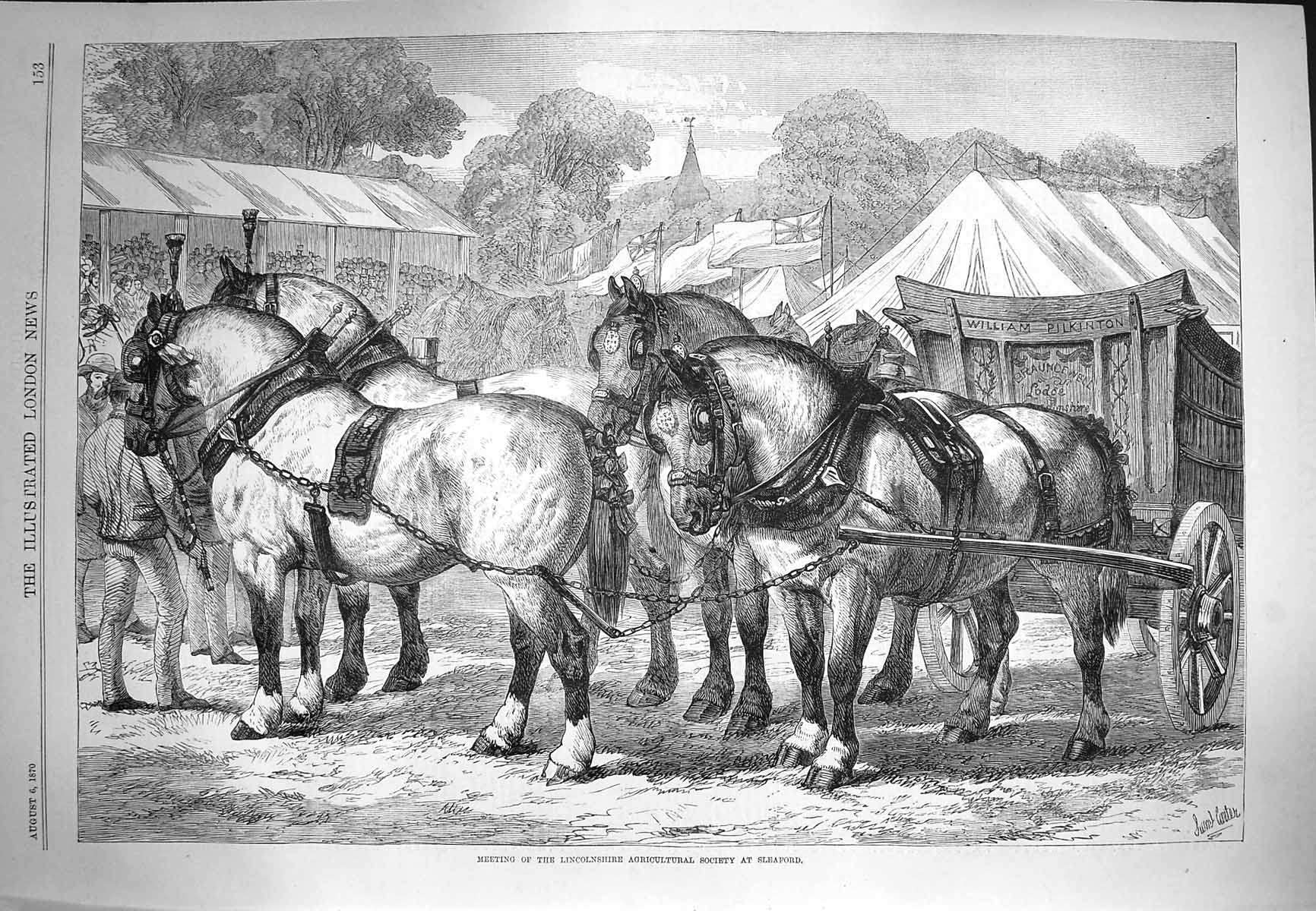 Old Antique Print 1870 Lincolnshire Agricultural Society Sleaford Horses 19th