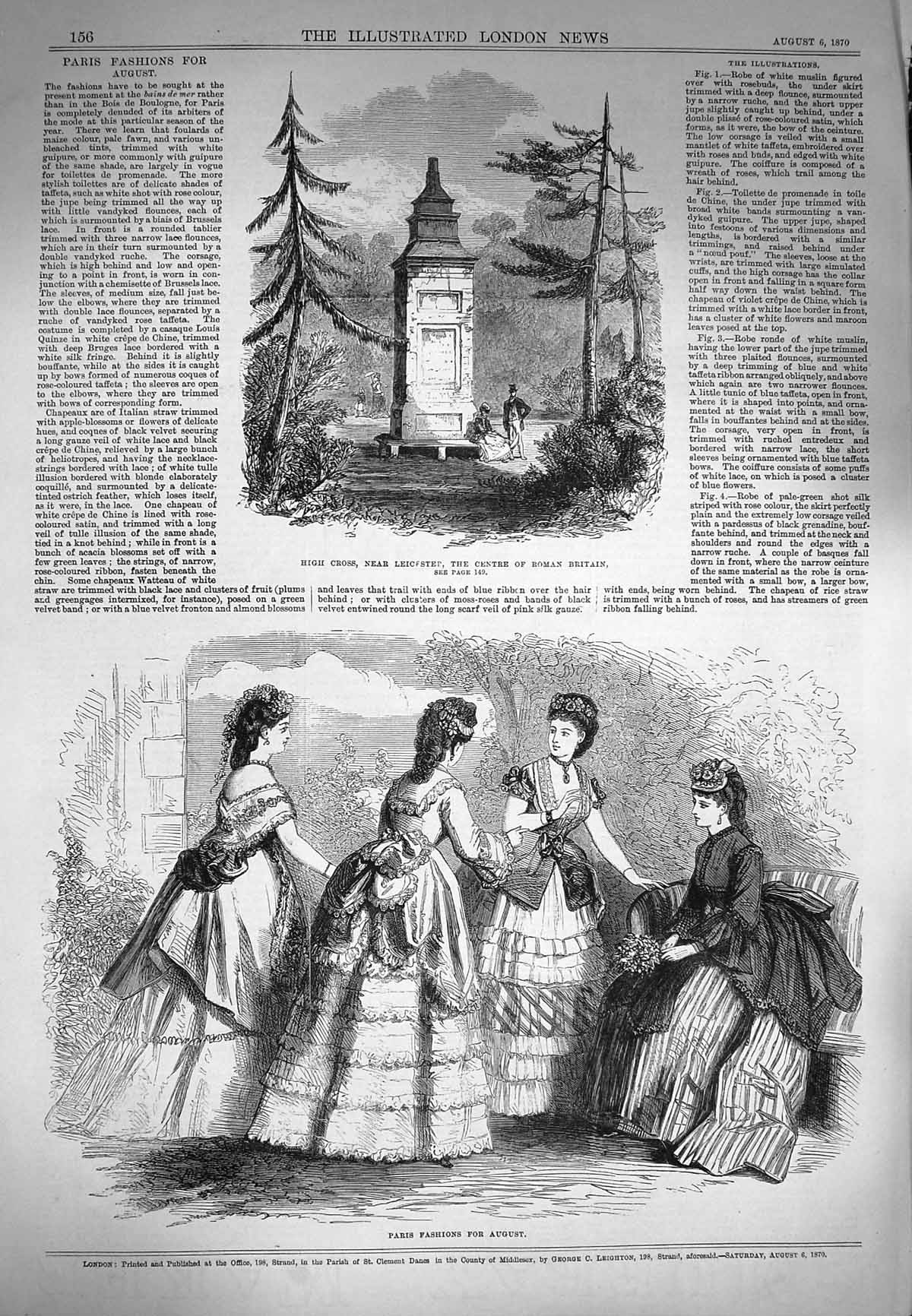 Old Antique Print 1870 High Cross Leicester Roman Britain Paris Fashion 19th