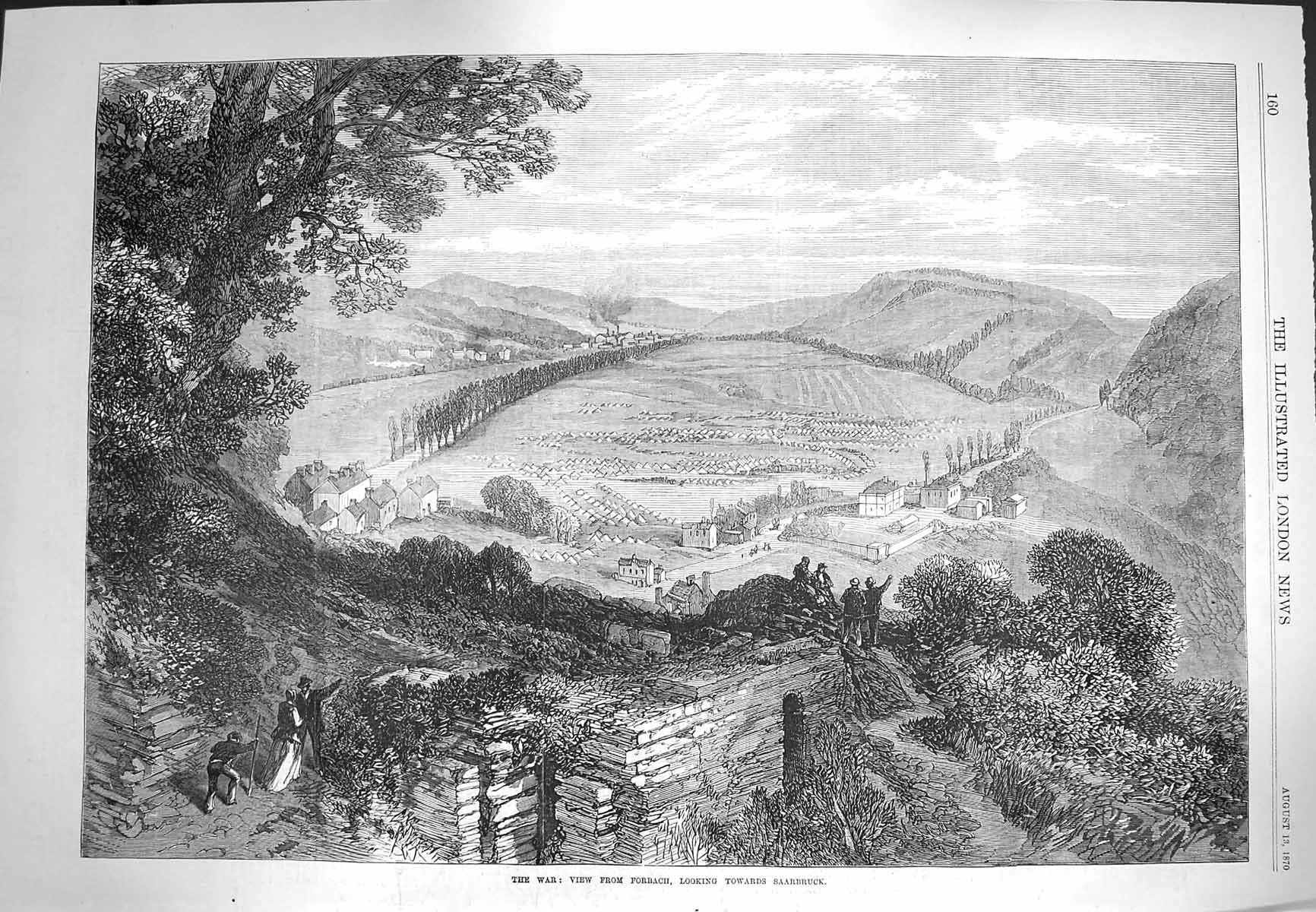 Original Old Antique Print 1870 War View Forbach Mountains Towards Saarbruck
