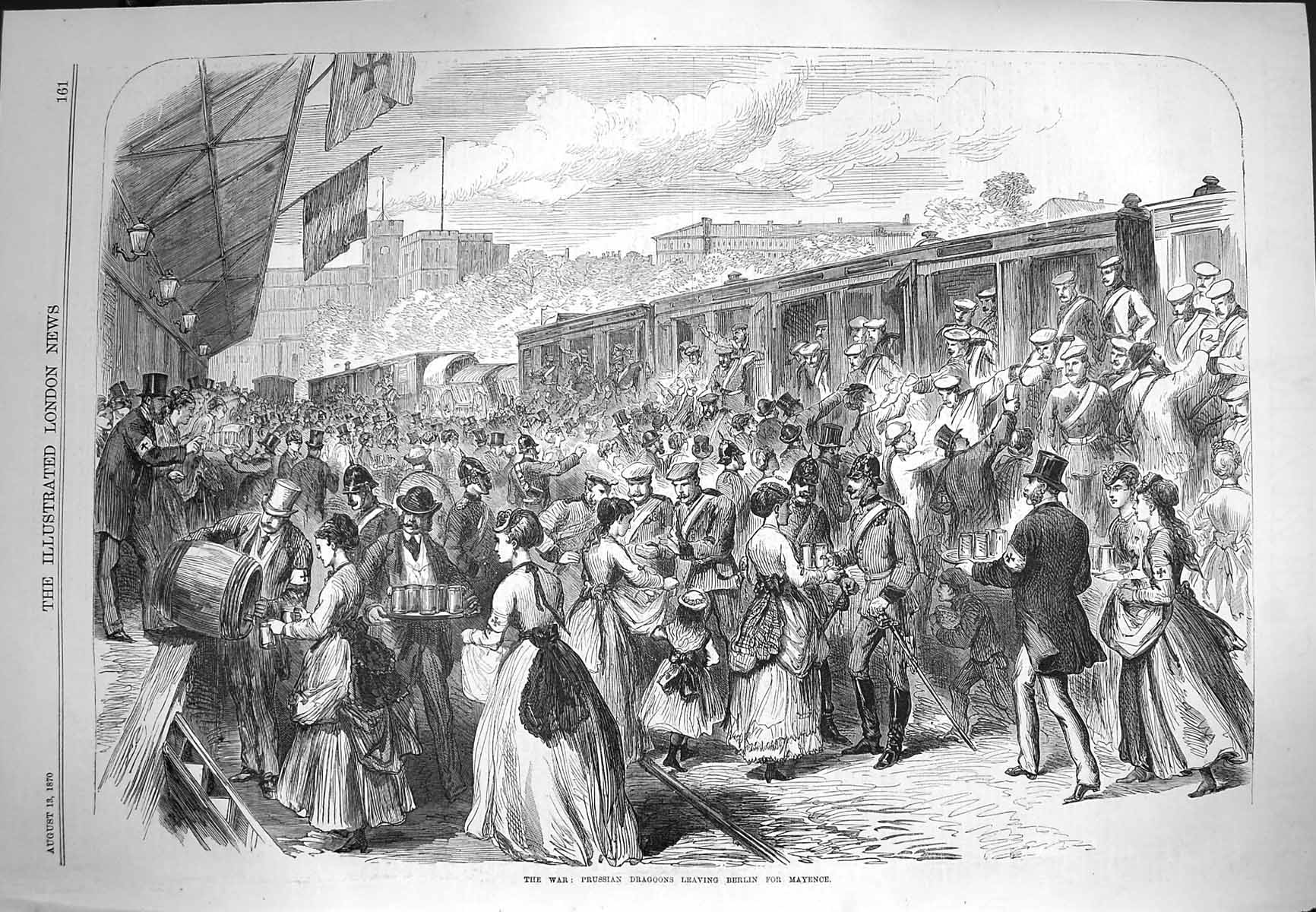 Old Antique Print 1870 War Prussian Dragoons Leaving Berlin Mayence Train 19th